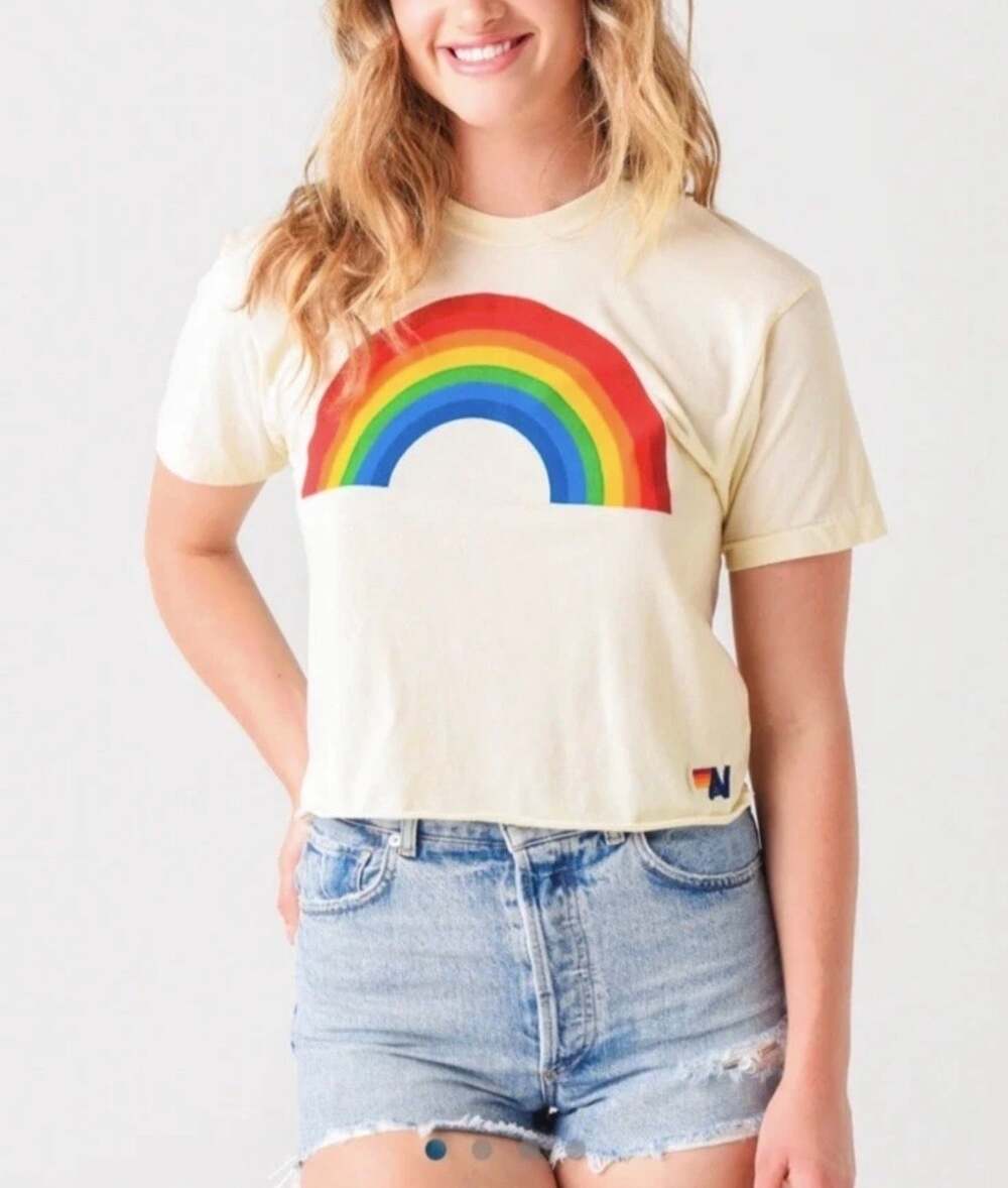 Aviator Nation Cream Rainbow Graphic Tee T-Shirt Size XS